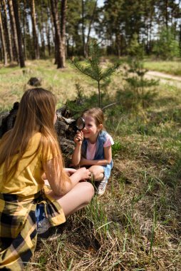 Ormanda büyüteçle ağaçların yanında oturan iki neşeli kız öğrenci.