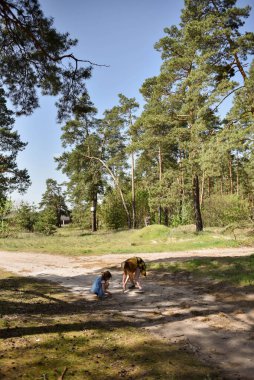 Çam ormanında bir yolda oynayan iki okul çağındaki kız.