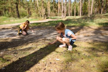 Çam ormanında bir yolda oynayan iki okul çağındaki kız.