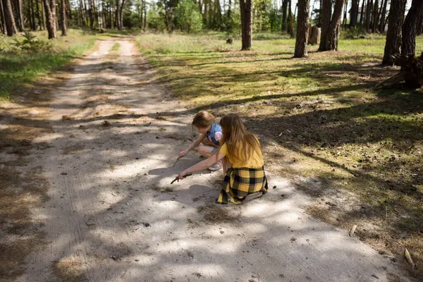Çam ormanında bir yolda oynayan iki okul çağındaki kız.