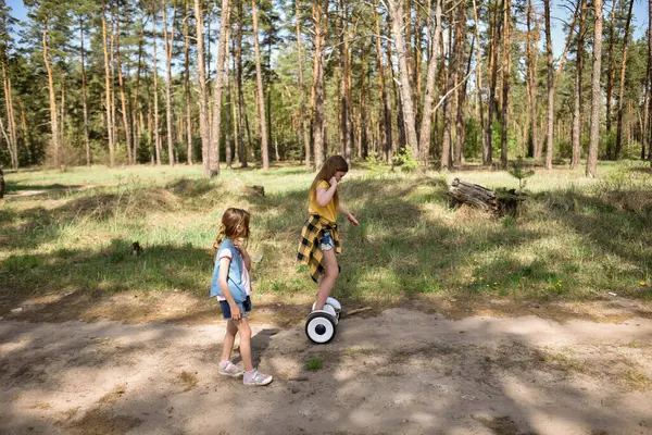 İki liseli kız, çam ormanında bir patikada scooter kullanıyor.