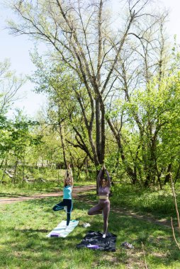 Parktaki minderlerde yoga yapan iki genç kız arkadaş.
