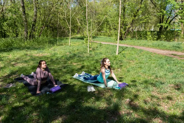 Parktaki minderlerde yoga yapan iki genç kız arkadaş.