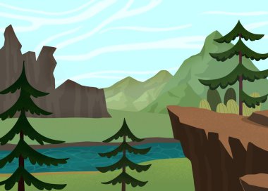 Bereketli yeşil ağaçların, görkemli dağların ve içinden akan huzurlu bir nehrin bulunduğu güzel ve detaylı bir manzara.