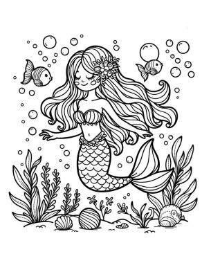 Şirin bir denizkızının renkli kitabı için çizim