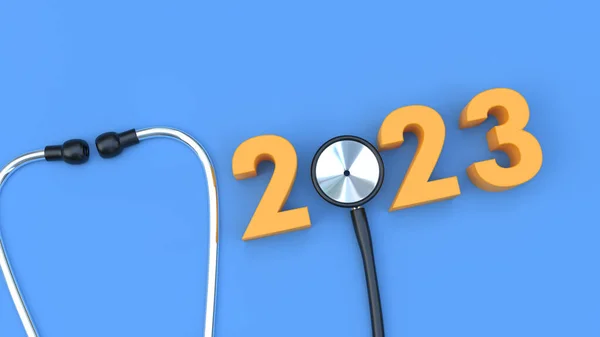 2023 Typography Lettering Blue Background Illustration 医药和医生新年 Stethoscop诊断的概念 — 图库照片