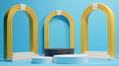 3 ark kapısı mavi arka plan ürün sunum podyumu. Görselleştirme için 3d oluşturuldu.