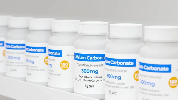 Lithium Carbonate is a mood stabilizer. Used to treat mood disorders and anxiety. Drug bottle on pharmacy shelf 3d illustration.