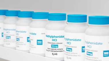 Methylphenidate Hydrochloride (HCl) drug bottle on pharmacy shelf. Central Nervous System stimulant. ADHD and narcolepsy treatment. 3d rendering.