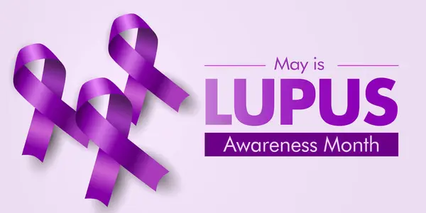 Lupus Farkındalık Ayı. Lupus eğitimini kutlayalım. Yan tarafında mor kurdele olan vektör pankartı.