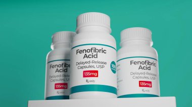 Kaidedeki şişelerde Fenofibric asit. 3d oluşturma