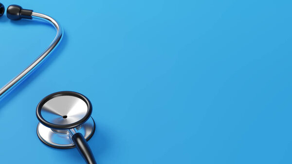 Doctor's medical stethoscope on blue background 3d rendering. Concept of medicine and healthcare. The diagnosis of disease