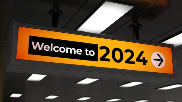 Ласкаво Просимо Вивіски 2024 Року Початок Нового Року Аеропорт Відображає — стокове фото