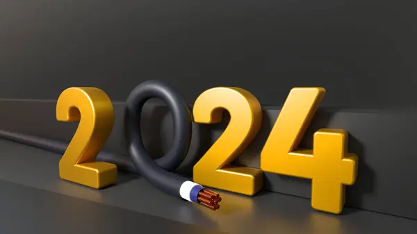 Yeni yıl 2024 afişi. Telekomünikasyon, elektrik mühendisliği kavramı. Koyu arkaplanda bakır tel ve metin.