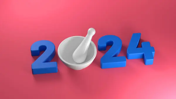 3D illüstrasyon tipografisi 2024 havan topu ve tokmakla. İlaç sektöründe başlayan yeni yıl kavramı.