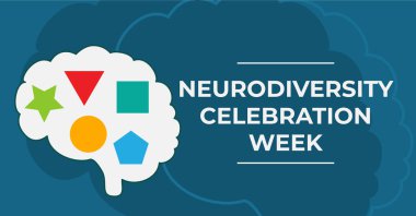 Nöroçeşitlilik Kutlama Haftası. Vektör bayrağı. Beyin yapısı farklılıklarını göstermek için renkli geometrik şekiller.