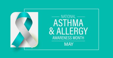 Astım ve alerji farkındalığı ayı kampanya pankartı. Avukatlık ve eğitim afişi. Başrolde turkuaz kurdele ve metin.