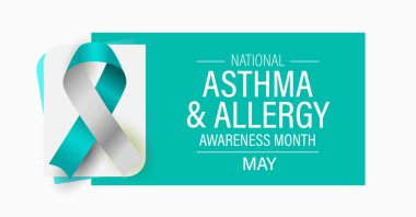 Astım ve alerji farkındalığı ayı kampanya pankartı. Avukatlık ve eğitim afişi. Başrolde turkuaz kurdele ve metin.