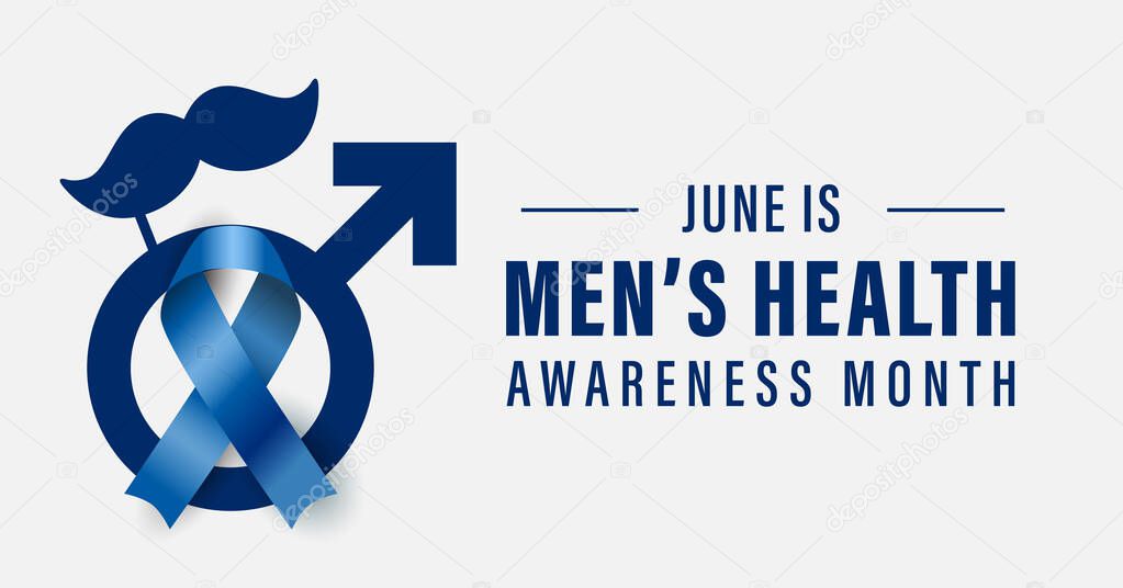 Men's health awareness month campaign banner. Observed in June each year. Features male sex symbol and moustache.