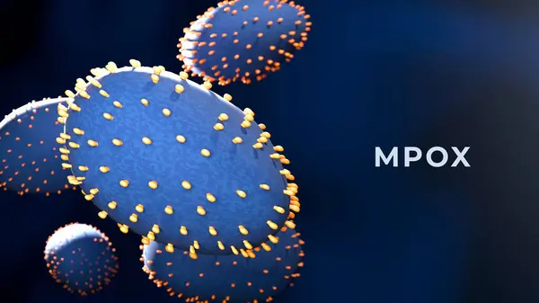 Noktalı proteinli Mpox (Maymun Çiçeği) virüs yapısı. Mavi arkaplandaki virüs yapısının 3 boyutlu çizimi. Mevcut küresel endişe salgını.