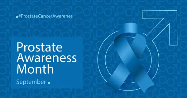 Prostat Kanseri Farkındalığı Ayı. Eylül ayı gözlem kampanyası tasarım posteri. Tek renkli mavi desenli arka planda mavi kurdele ve erkek cinsiyet sembolü.