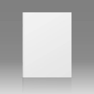Vektör gerçekçi 3D dergi modeli ve beyaz boş kapak izole edilmiş. Kapalı dikey karton kapaklı kitap, broşür, kitapçık ya da dergi, gri gradyan arkaplan yansıması ile taklit edilir.