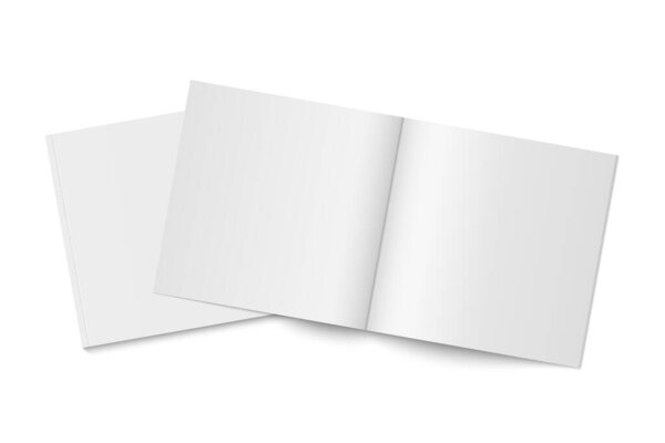 Vector mockup of two white paperback magazines with transparent shadow. Blank realistic square magazine, book, brochure or booklet template opened and closed on white background. 3d illustration