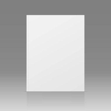 Vektör gerçekçi 3D dergi modeli ve beyaz boş kapak izole edilmiş. Kapalı dikey karton kapaklı kitap, broşür, katalog ya da dergi gri gradyan arkaplan yansıması ile taklit edilir.