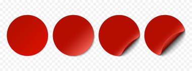 Vektör kırmızı gerçekçi kağıt etiketleri, fiyat etiketleri şeffaf arkaplanda izole edilmiş. Kırmızı köşeli ve yumuşak gölgeli yuvarlak çıkartmalar. Tasarımınız için 3B illüstrasyon.