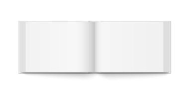 Hardcover 'ın beyaz kapaklı yatay kitabının vektör kopyası. Gerçekçi kitap, broşür veya kitapçık şablonu beyaz arkaplan üzerine açıldı. 3d illüstrasyon.