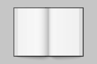 Hardcover dikey kitabının, siyah kapaklı, izole edilmiş bir maketi. Gerçekçi kitap, broşür veya kitapçık şablonu beyaz arkaplan üzerine açıldı. 3d illüstrasyon.
