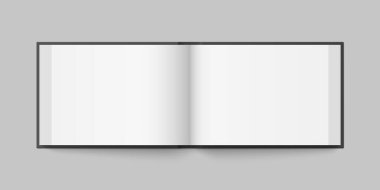 Sert kapaklı yatay kitabın, siyah kapaklı, izole edilmiş bir maketi. Gerçekçi kitap, broşür veya kitapçık şablonu beyaz arkaplan üzerine açıldı. 3d illüstrasyon.