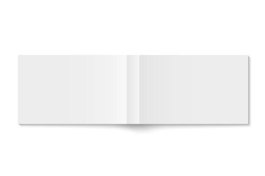Beyaz karton kaplı yatay kitap kapağının vektör modeli izole edildi. Gerçekçi Softcover dergisi, broşür veya kitapçık şablonu beyaz arkaplanda açıldı. 3d illüstrasyon.
