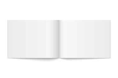 Karton kapaklı yatay derginin beyaz kapaklı maketi. Beyaz arkaplanda gerçekçi bir softcover kitabı, broşür ya da kitapçık şablonu açıldı. 3d illüstrasyon.