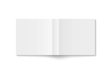 Beyaz karton kaplı kare kitap kapağının vektör modeli izole edildi. Gerçekçi Softcover dergisi, broşür veya kitapçık şablonu beyaz arkaplanda açıldı. 3d illüstrasyon.