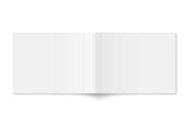 Beyaz karton kapaklı yatay dergi kapağının vektör modeli izole edildi. Beyaz arkaplanda gerçekçi bir softcover kitabı, broşür ya da kitapçık şablonu açıldı. 3d illüstrasyon.