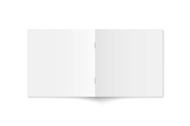 Beyaz cilt kapaklı dergi kapağının vektör modeli izole edildi. Beyaz arkaplanda gerçekçi bir softcover kitabı, broşür ya da kitapçık şablonu açıldı. 3d illüstrasyon.