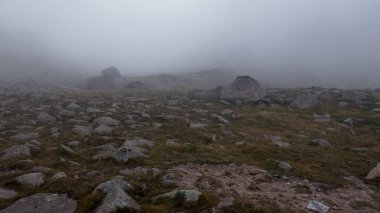 Sis ve bulutlarla kaplı dağ manzarası