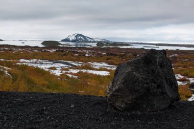 Sahada siyah volkanik lav. İzlanda