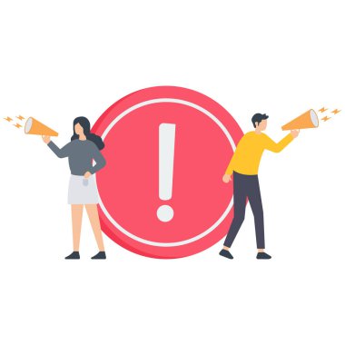 Önemli duyuru, dikkat ya da uyarı bilgisi, önemli iletişim, alarm ve dikkat kavramı, insanlar megafonda dikkatle illüstrasyon ile duyururlar