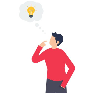 Fikirler hakkında düşünen, fikirler hakkında düşünen, icatlar hakkında düşünen, ticari başarı için yaratıcılık veya hayal gücü hakkında düşünen, yeni fikirler hakkında düşünen, sorunları çözmek için çözümler üreten, ilham veren parlak ampuller altında düşünen bir adam..