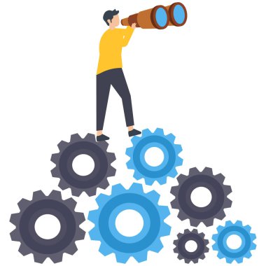 İş adamı yeni yollar keşfeder, başarıya giden yolu bulur veya iş fırsatları arar, insan uyuz iş veya işletim sistemi kurar, sorunları çözmek için yeni bir aday bulur