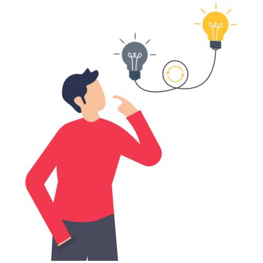 Yeni fikirlere adapte olan iş adamları, tekrar düşünün ya da düşünün, daha iyi sonuçlar, yeni yollar düşünmek, sorunları ya da kararları çözmek, illüstrasyonları bozmak için yenilikçi fikirler, ampulün yanında düşünen adam