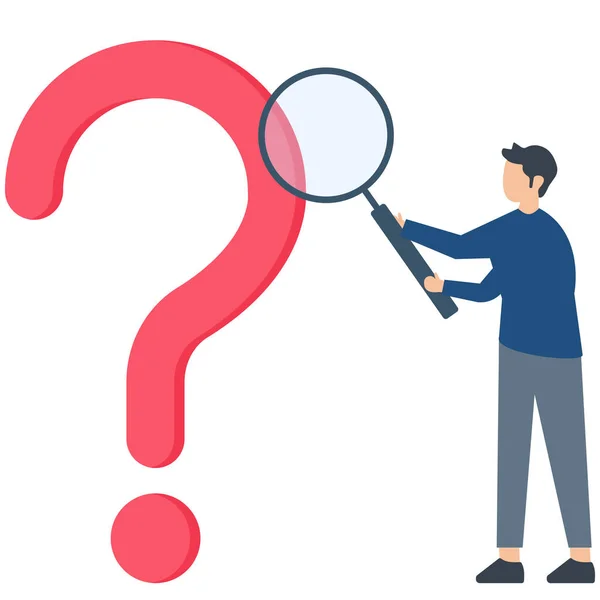 stock vector Observation or examination, discovering secrets, searching or analyzing information, investigating or researching, curious man holding magnifying with question mark.