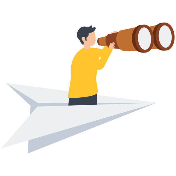Man searching for opportunities, Observation, search for opportunity, search or discover new business, job search for candidate concept, man look through binoculars riding on the paper plane illustration.