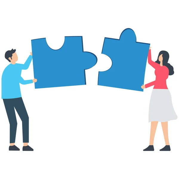 stock vector Business joint partnership, Partnership working together for success, team members solve problems, teamwork or unity to cooperate and challenges, man and woman connect jigsaw puzzles.