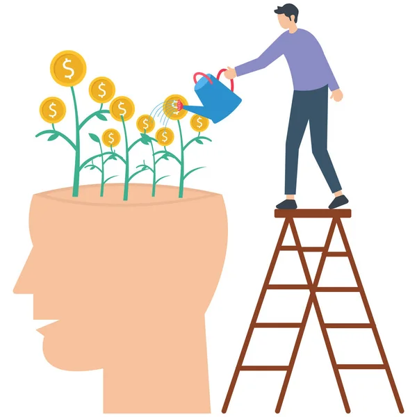 stock vector man investing in self, Self improvement, management or growth mindset, motivation to grow and achieve career success, learning new skill or knowledge concept, man watering plant growing from his self head.