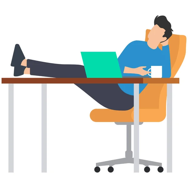 オフィスで寝る怠惰な労働者 仕事のコンセプト中に眠っている ビジネスマンは彼の職場で寝ている 勤務時間中に眠っている少年 オフィスで時間を無駄にするベクトルイラスト — ストックベクタ