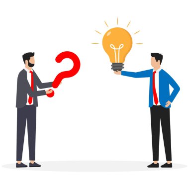 Soru ve cevap, problem çözme ya da iş çözümü, zorluk ve sorunu çözmek için cevap ya da fikir, SQ konsepti, iş adamlarının soru işaretini diğer cevaplarla birlikte ampulle tutmaları