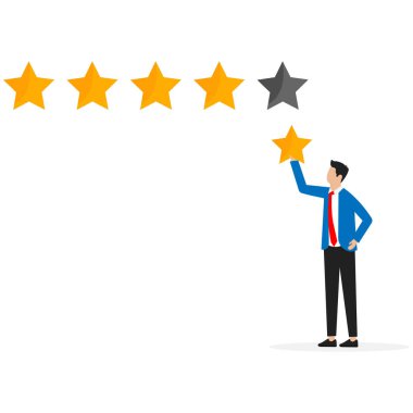 Müşteri geribildirimi 5 yıldız notu, en iyi kalite, mükemmellik yüksek performans değerlendirmesi, olumlu sıralama veya iş itibarı ve memnuniyet kavramı